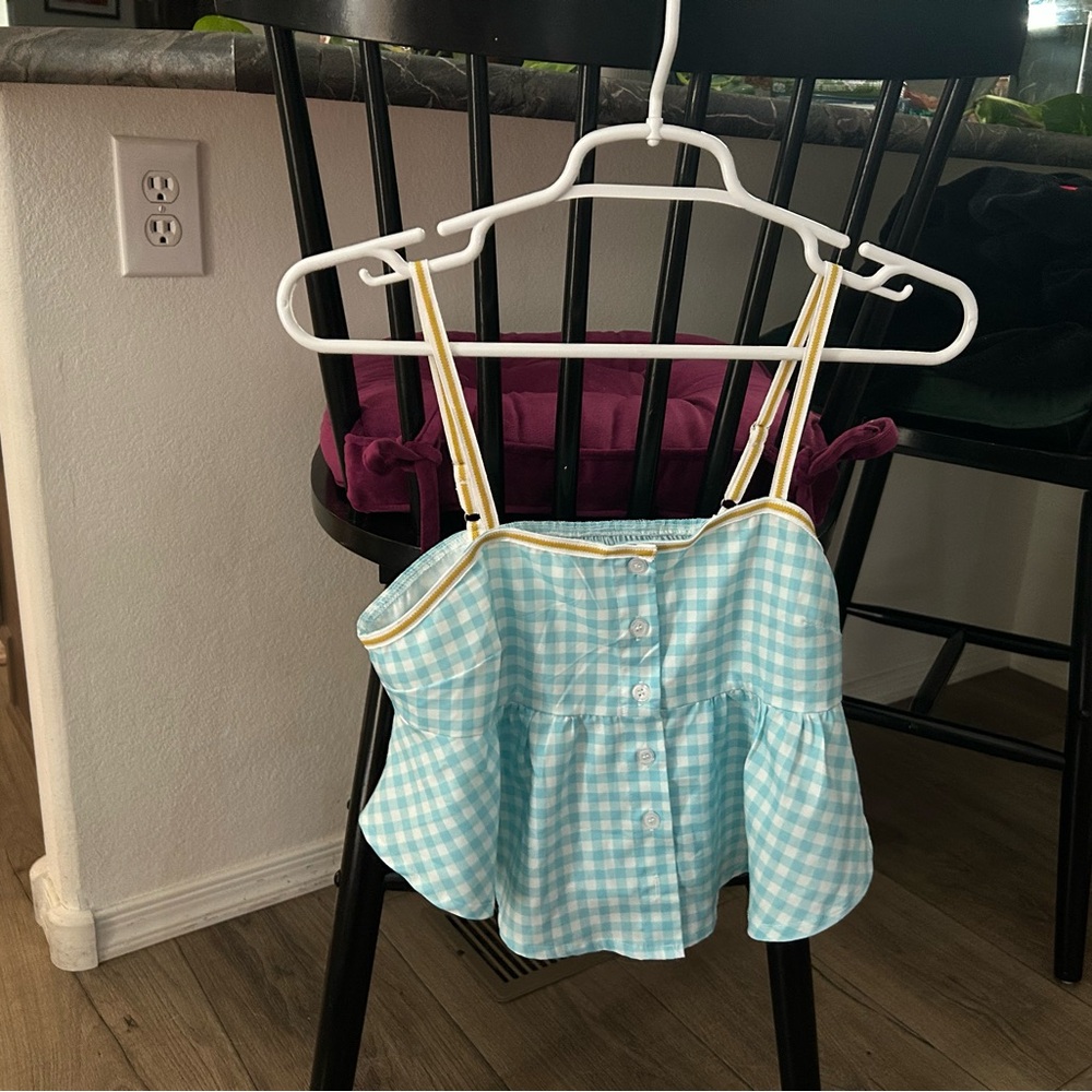 Blue-teal Gingham Button-Up tank Top
